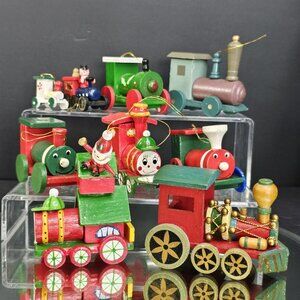 Wood Train Vintage Christmas Ornament Collection Of 9 Trains
